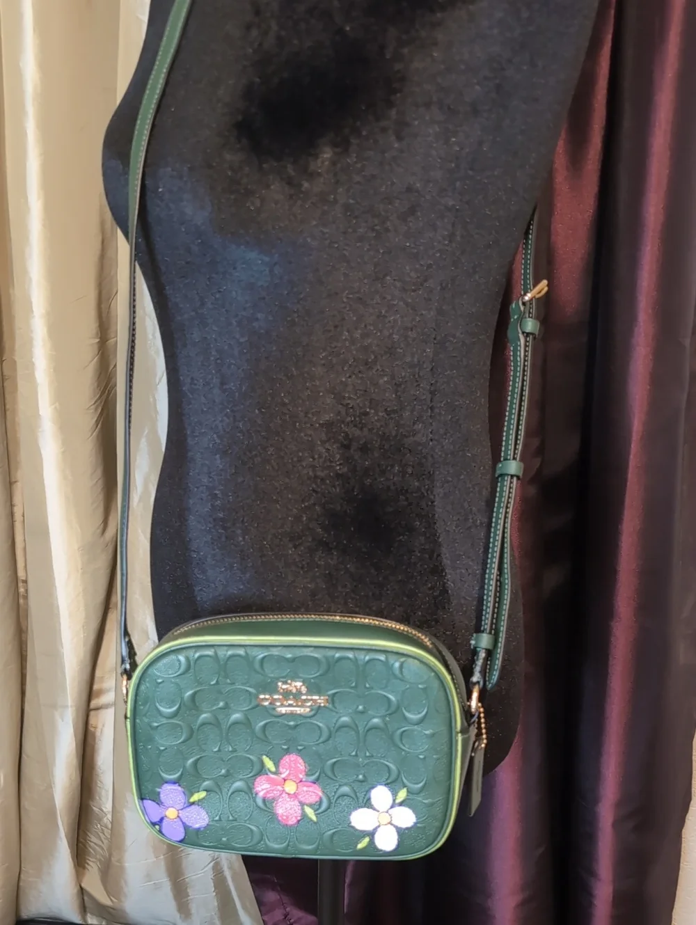 Upcycled,Coach Green Leather Signature Crossbody, With Hand Painted Flowers